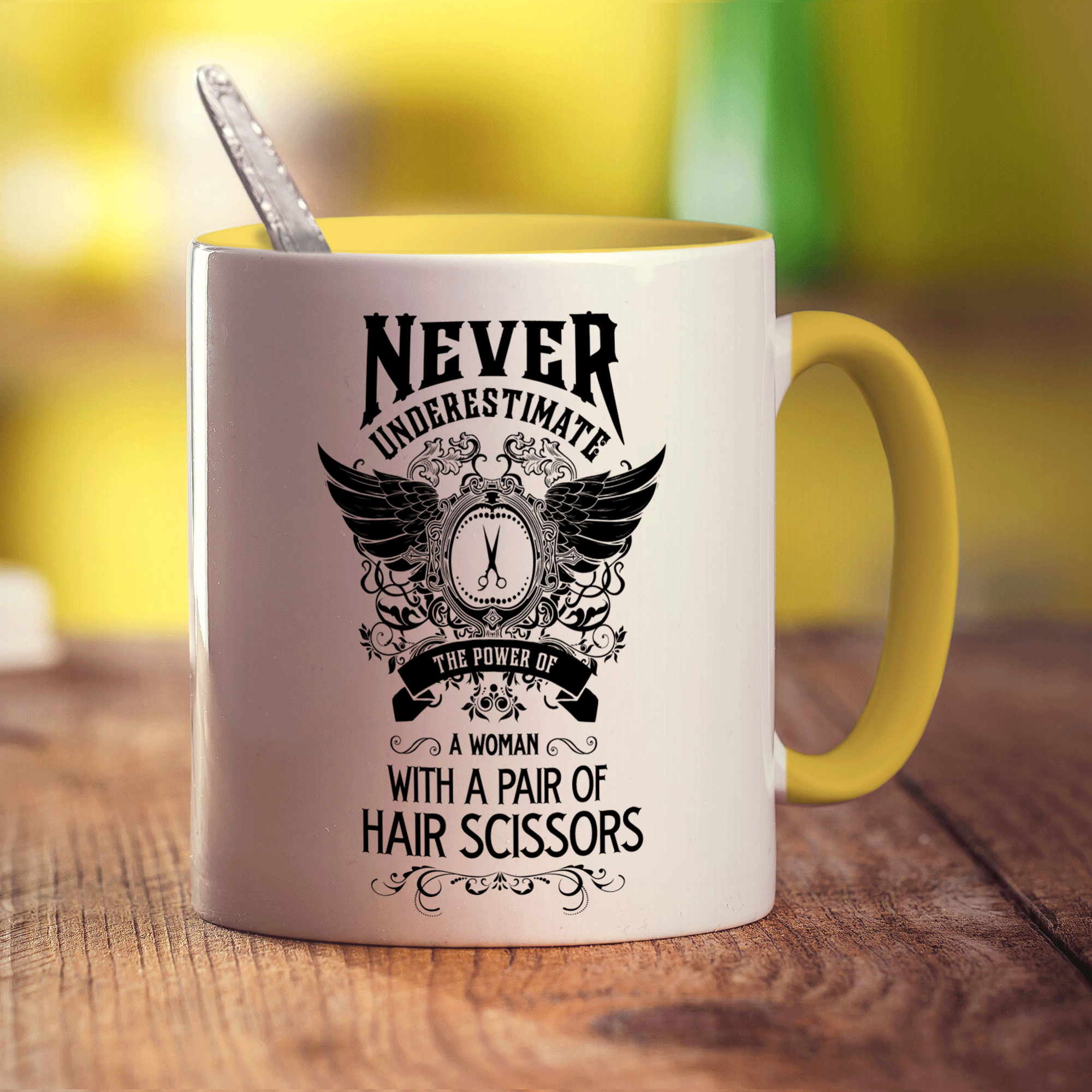 Never Underestimate the Power of a Woman With a Pair of Hair Scissors Mug - Standard 330ml (11oz) / Yellow