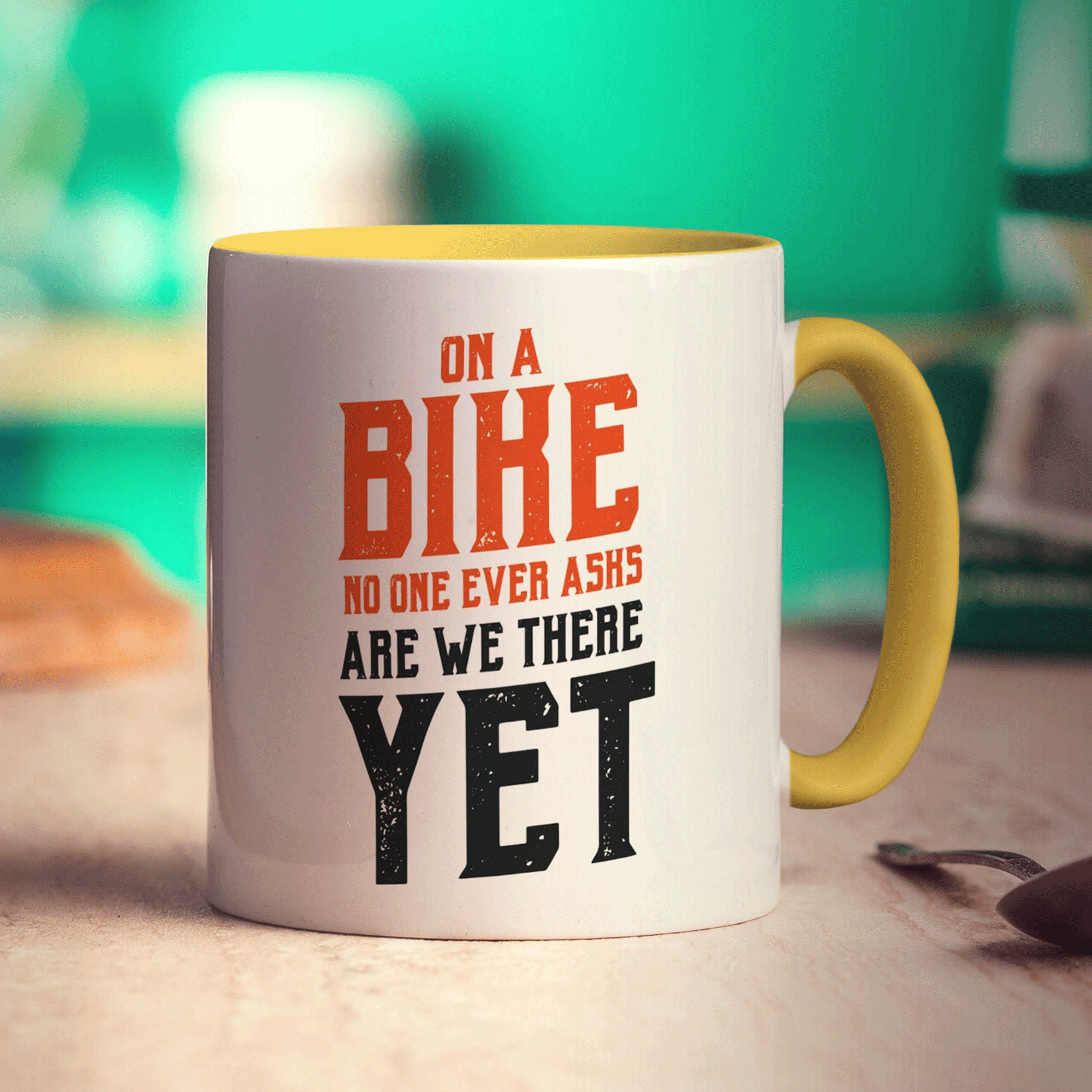 On a Bike No One Ever Asks Are We There Yet Mug - Standard 330ml (11oz) / Yellow
