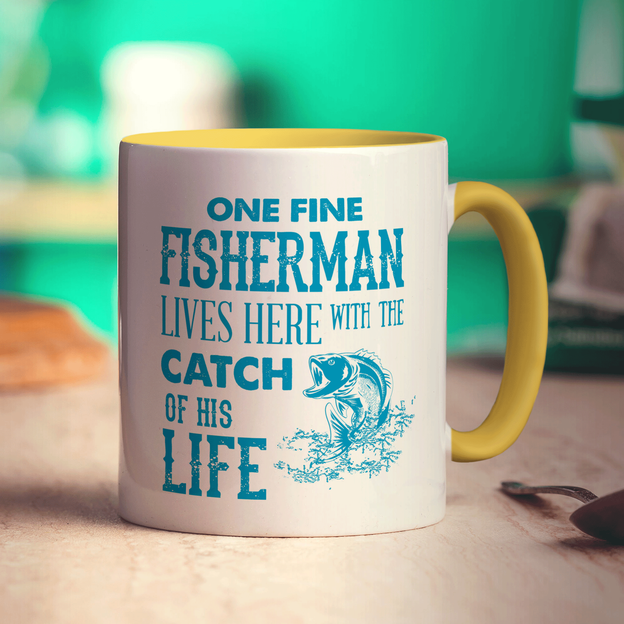 One Fine Fisherman Lives Here With The Catch of His Life Mug - Standard 330ml (11oz) / Yellow