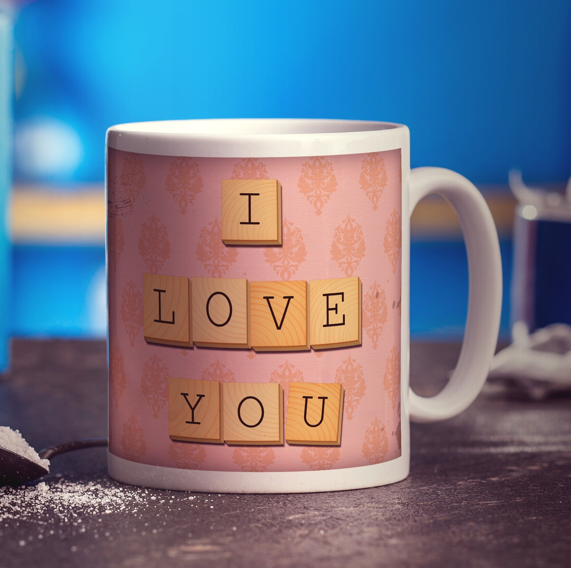 I Love You - Pink Illustrated Wooden Letters Mug - Standard 330ml (11oz) / White
