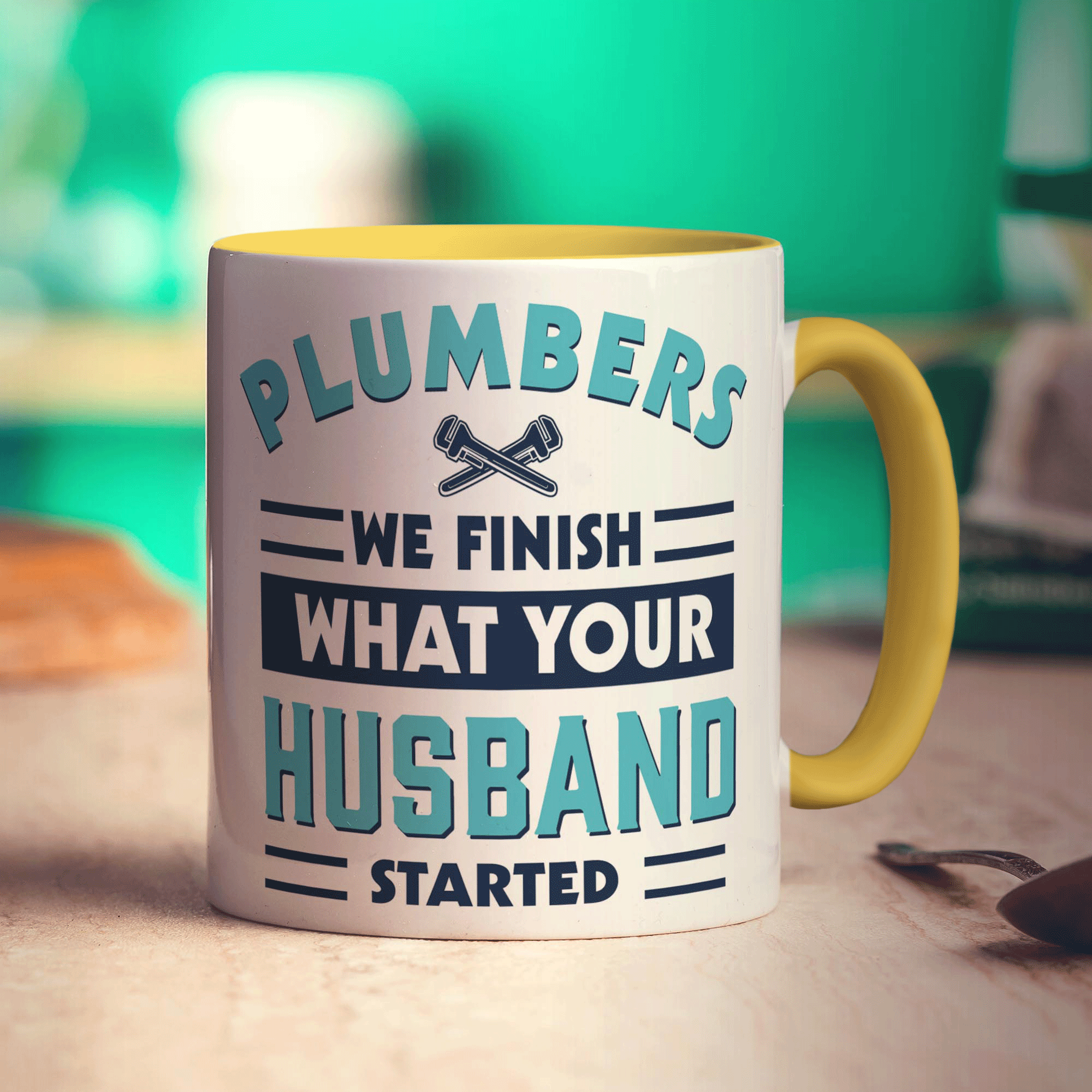 Plumbers We Finish What Your Husband Started Mug - Standard 330ml (11oz) / Yellow