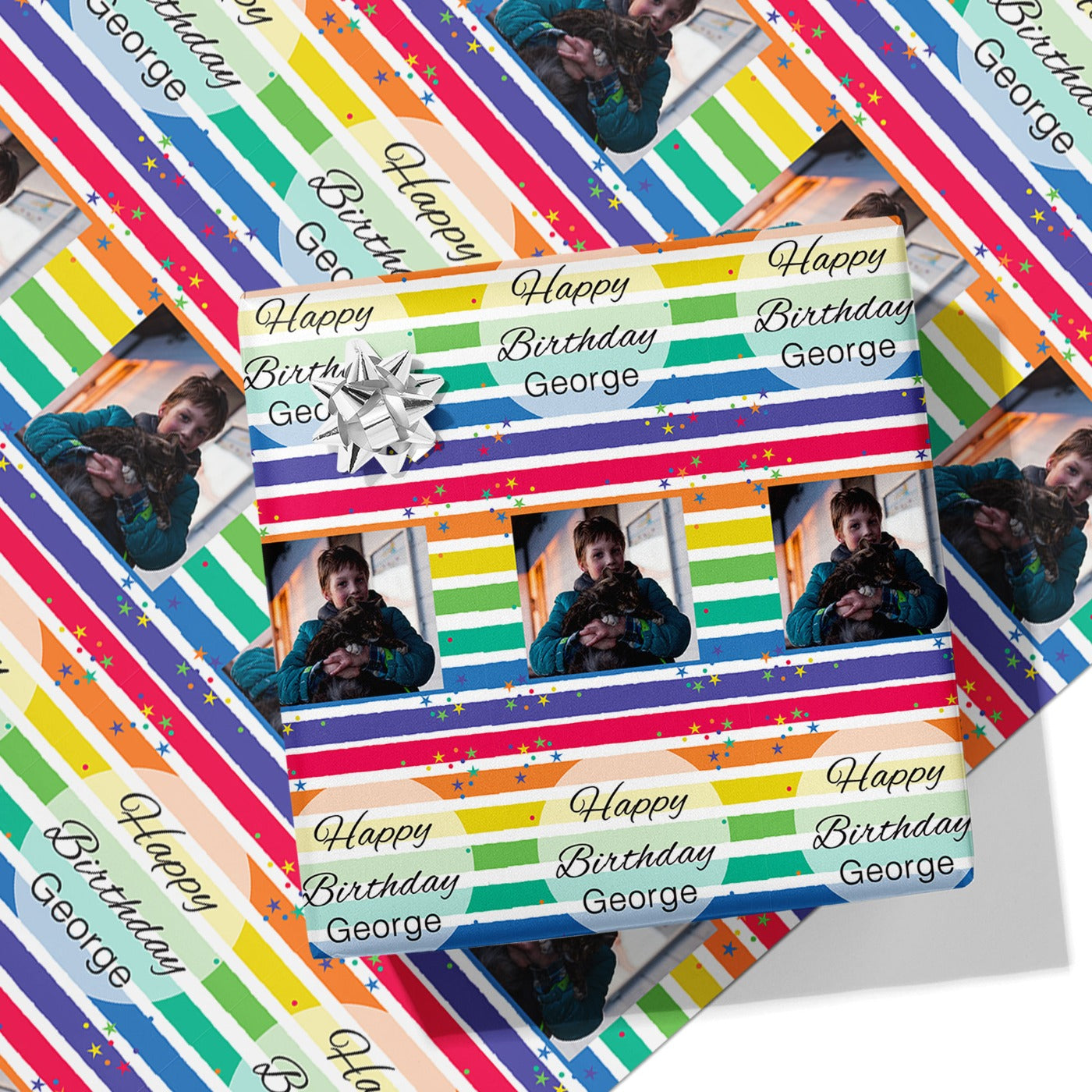 Rainbow Stripes Wrapping Paper with Name & Photo