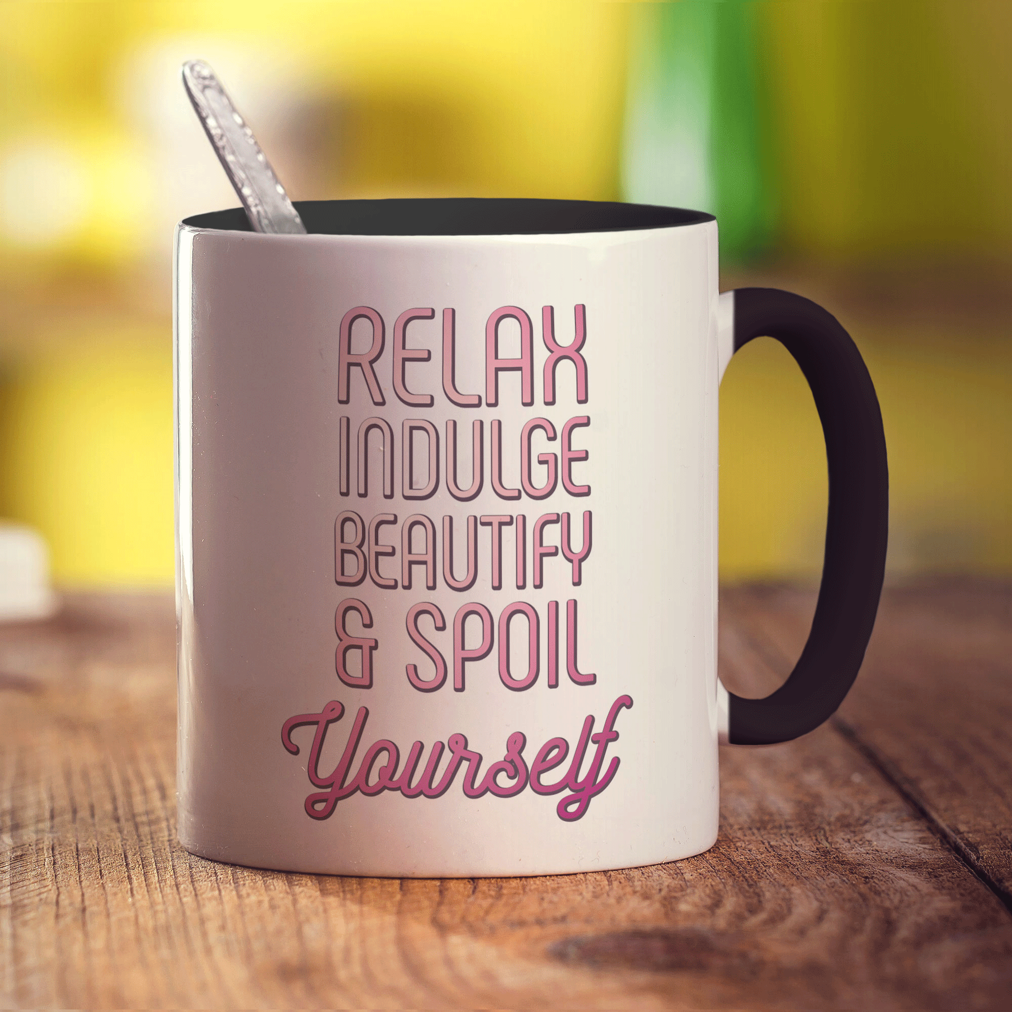 Relax Indulge Beautify & Spoil Yourself Mug - Standard 330ml (11oz) / Black