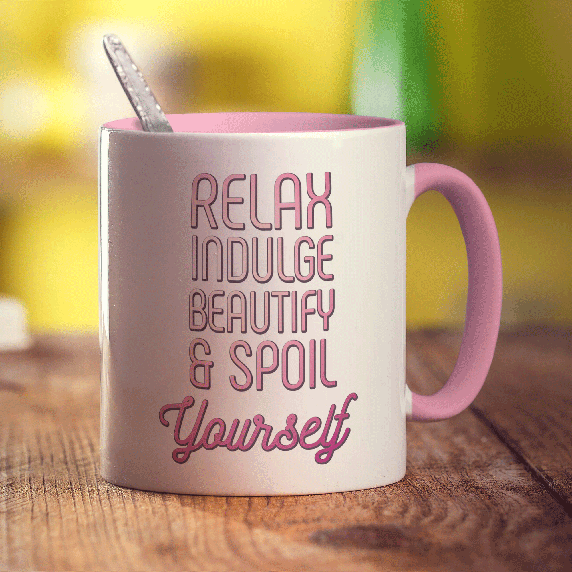 Relax Indulge Beautify & Spoil Yourself Mug - Standard 330ml (11oz) / Pink