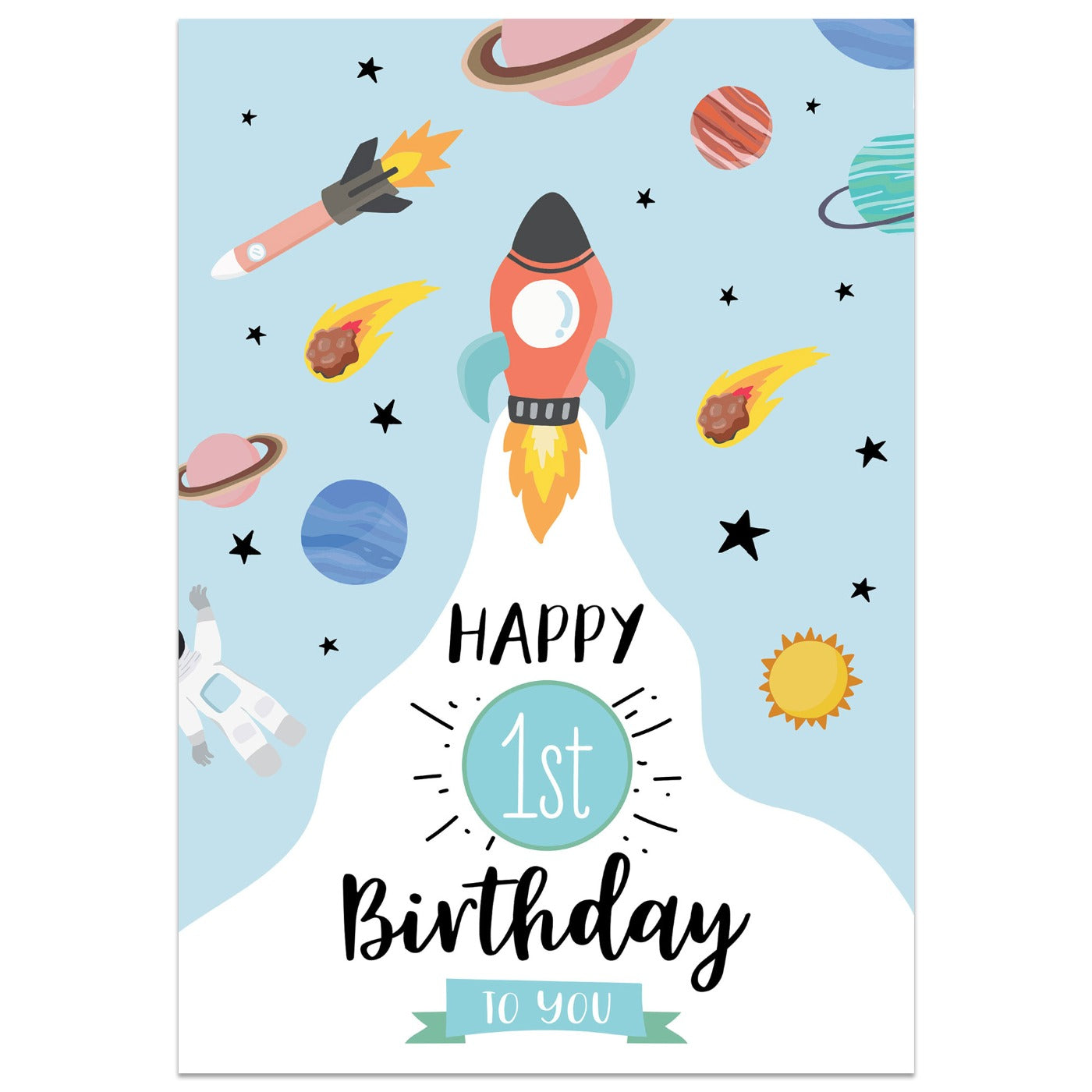 Rocket in Space 1st Birthday Card