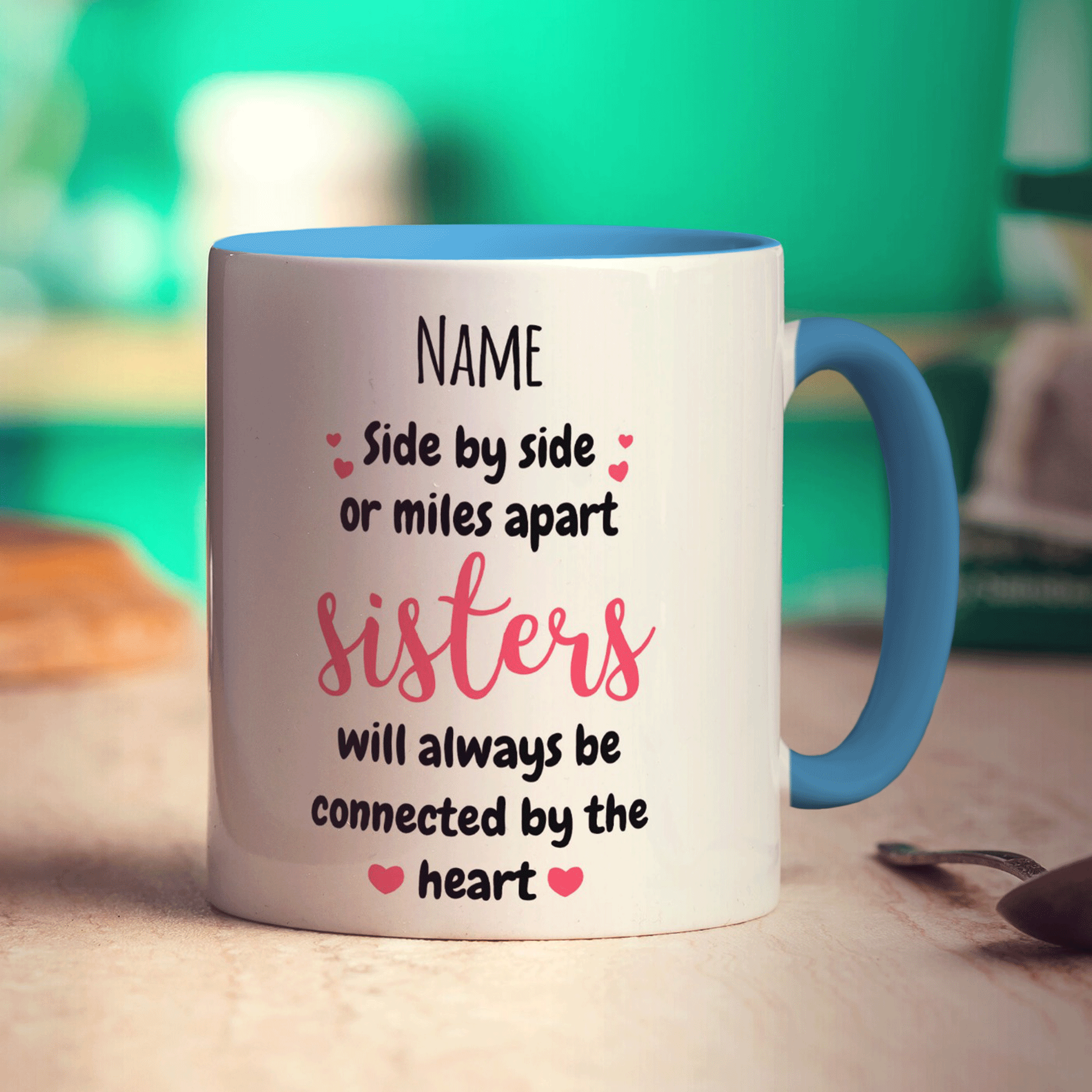 Sisters Will Always be Connected by the Heart Personalised Mug - Standard 330ml (11oz) / Blue
