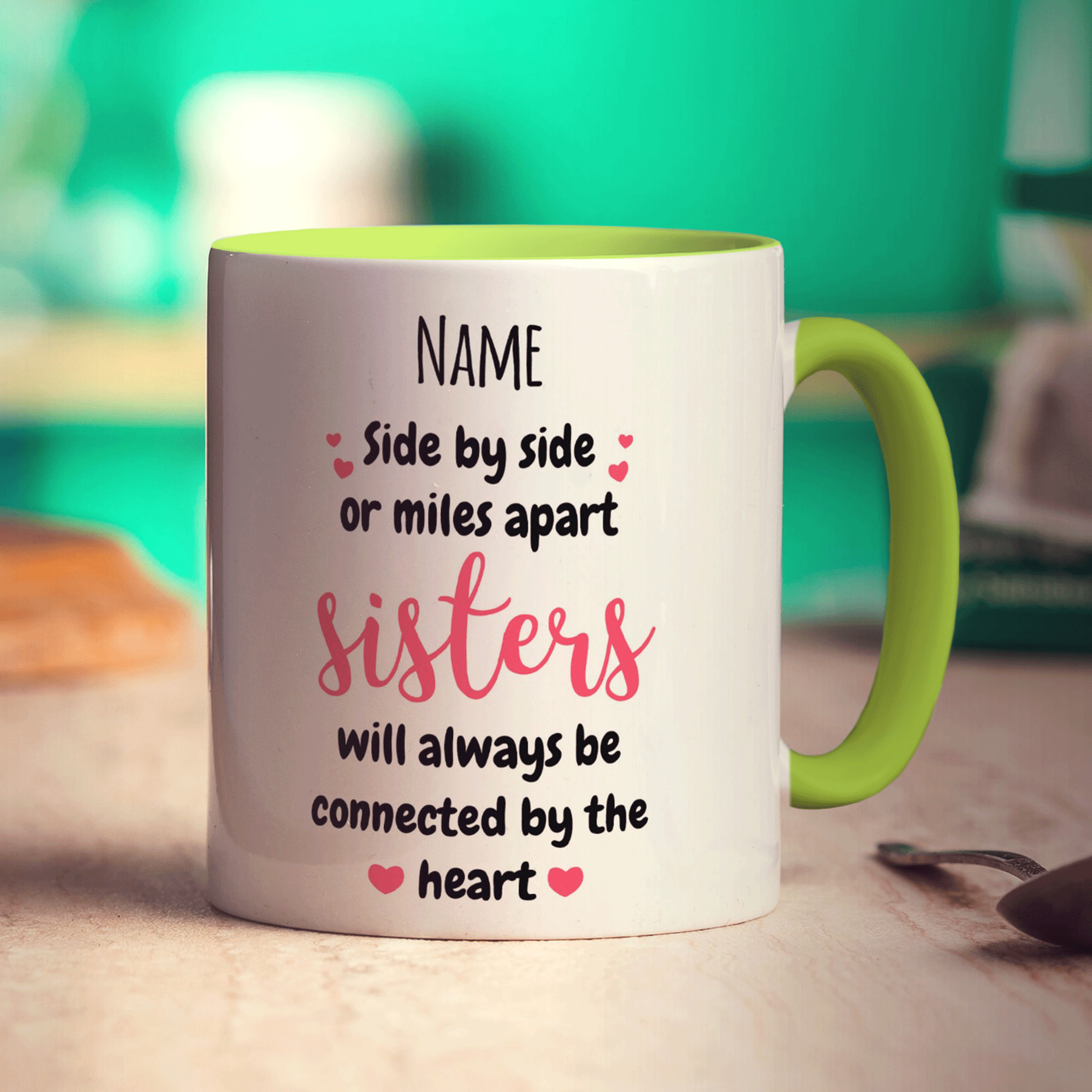 Sisters Will Always be Connected by the Heart Personalised Mug - Standard 330ml (11oz) / Green