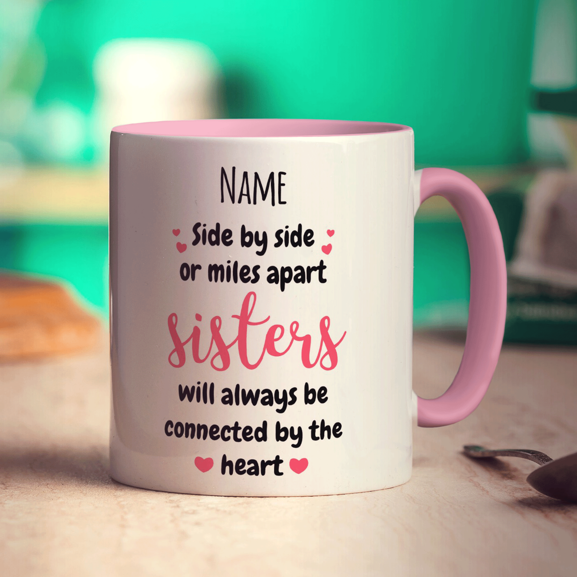 Sisters Will Always be Connected by the Heart Personalised Mug - Standard 330ml (11oz) / Pink