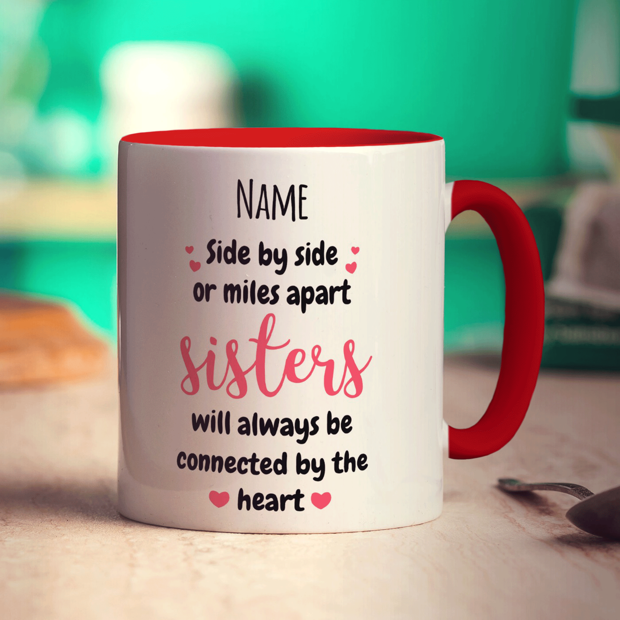 Sisters Will Always be Connected by the Heart Personalised Mug - Standard 330ml (11oz) / Red