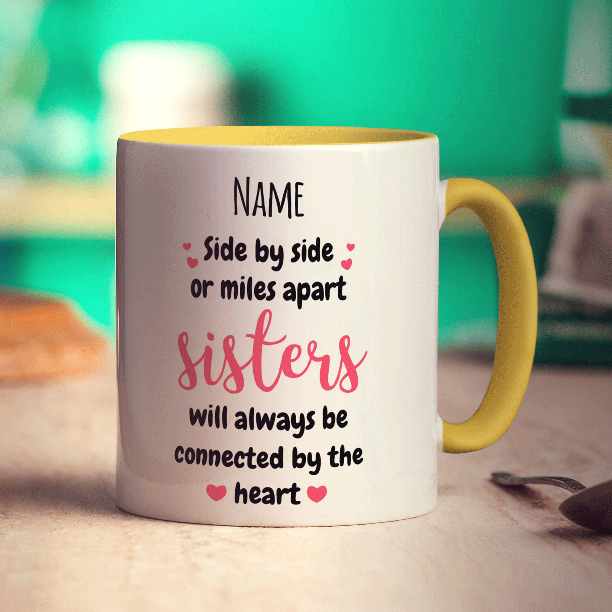 Sisters Will Always be Connected by the Heart Personalised Mug - Standard 330ml (11oz) / Yellow
