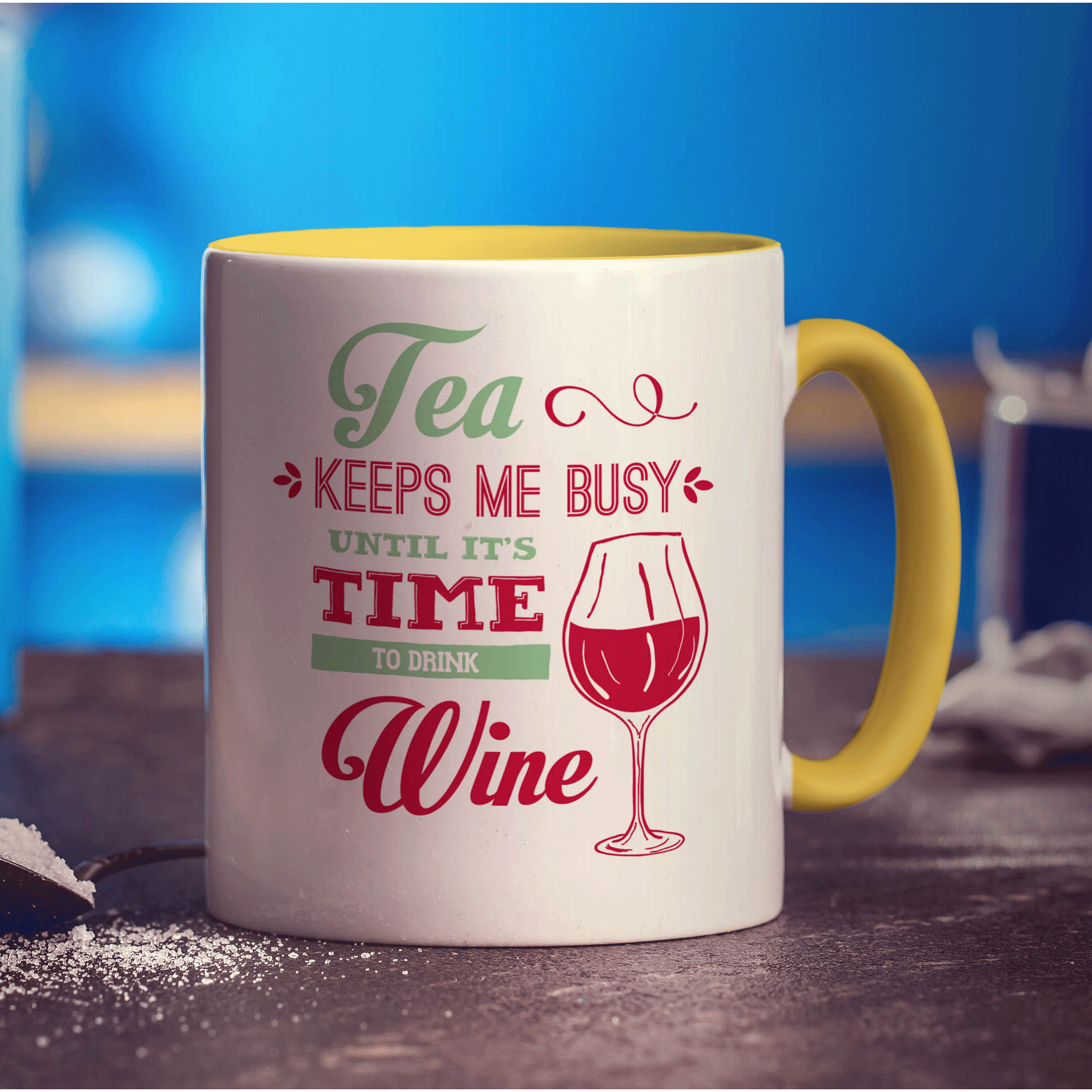 Tea Keeps Me Busy Until It's Time To Drink Wine Mug - Standard 330ml (11oz) / Yellow