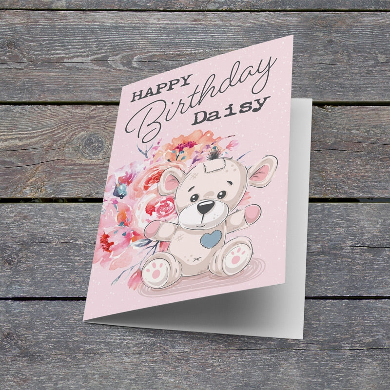 Teddy Bear & Flowers Birthday Card Lying Down