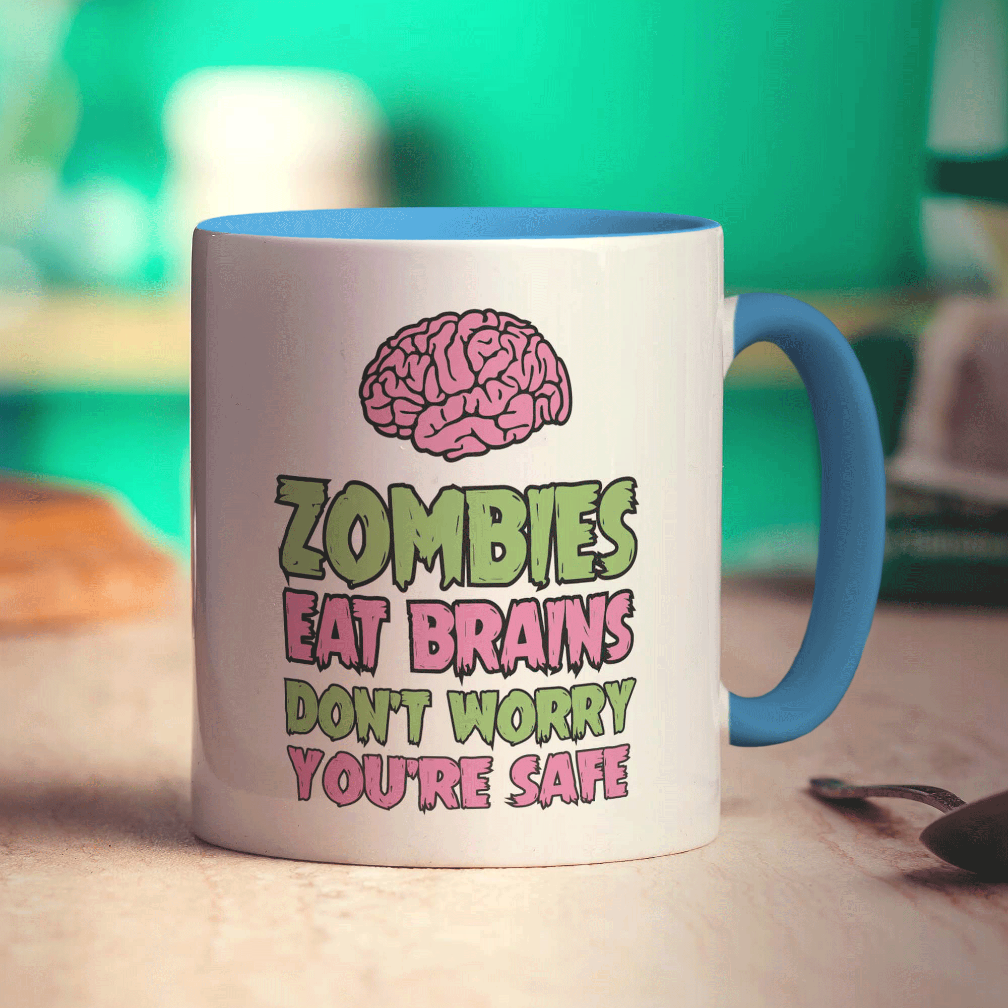 Zombies Eat Brains, Don't Worry You're Safe Mug - Standard 330ml (11oz) / Blue