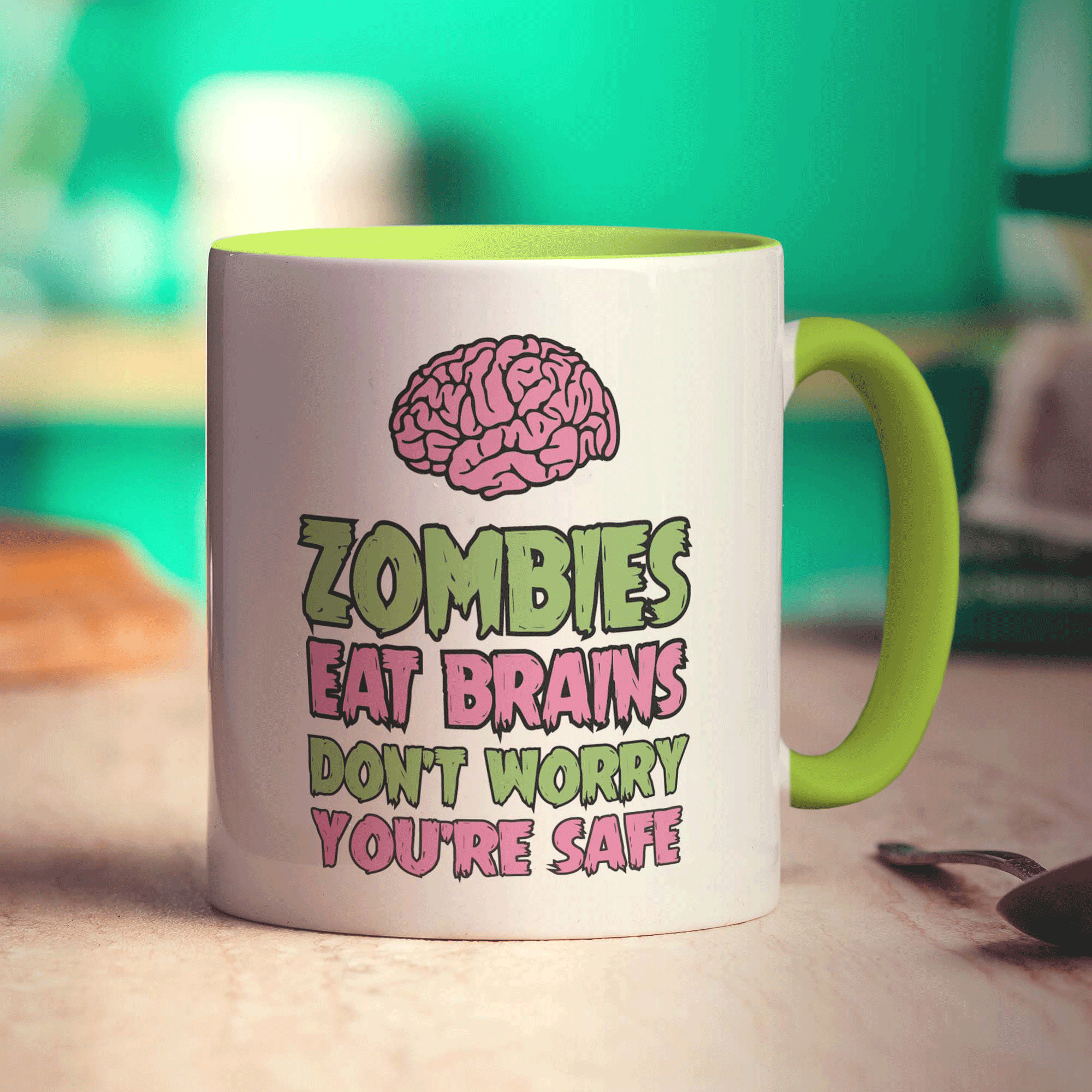 Zombies Eat Brains, Don't Worry You're Safe Mug - Standard 330ml (11oz) / Green