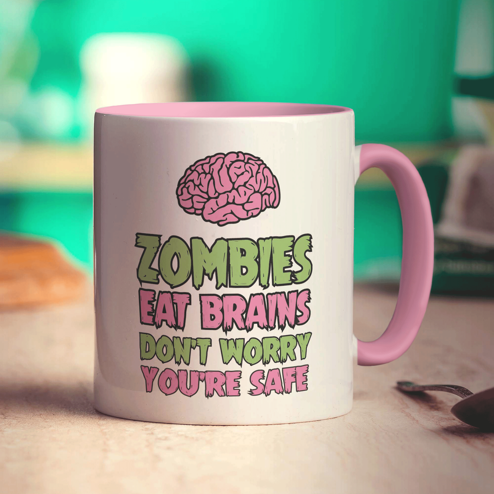 Zombies Eat Brains, Don't Worry You're Safe Mug - Standard 330ml (11oz) / Pink
