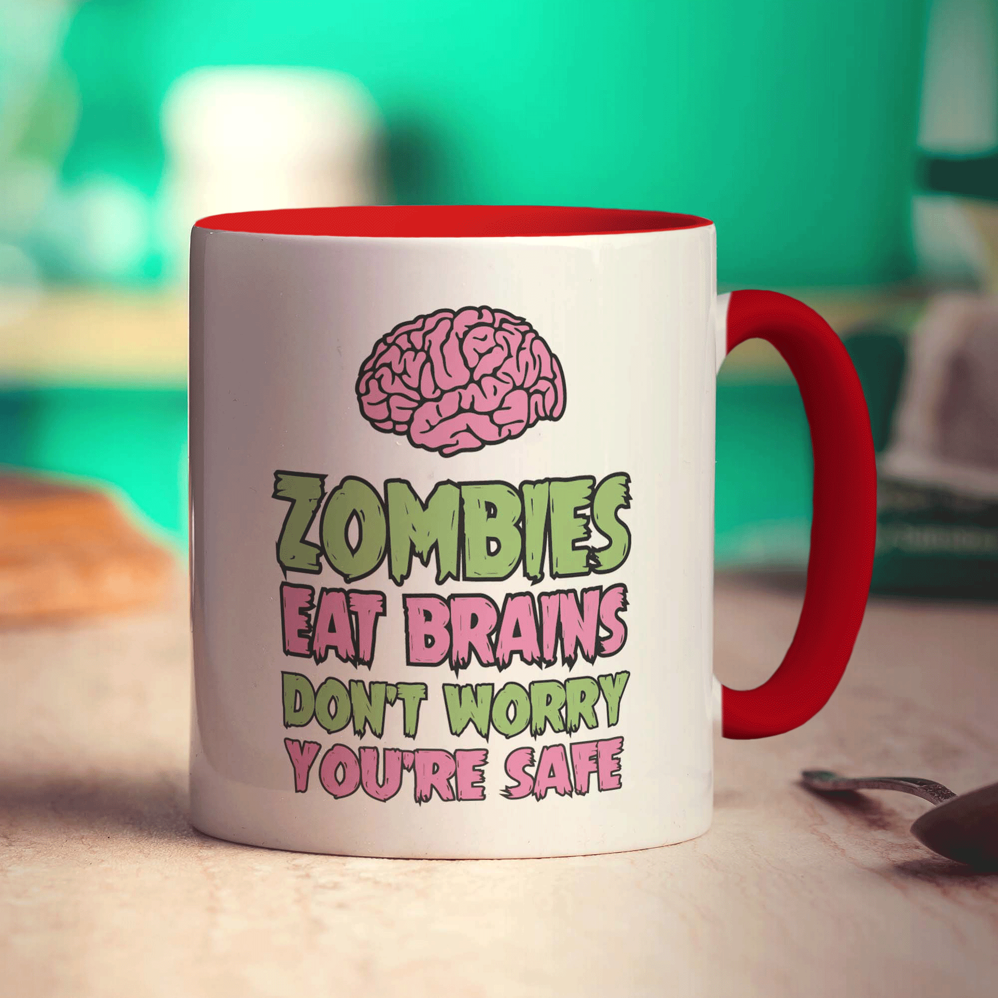 Zombies Eat Brains, Don't Worry You're Safe Mug - Standard 330ml (11oz) / Red