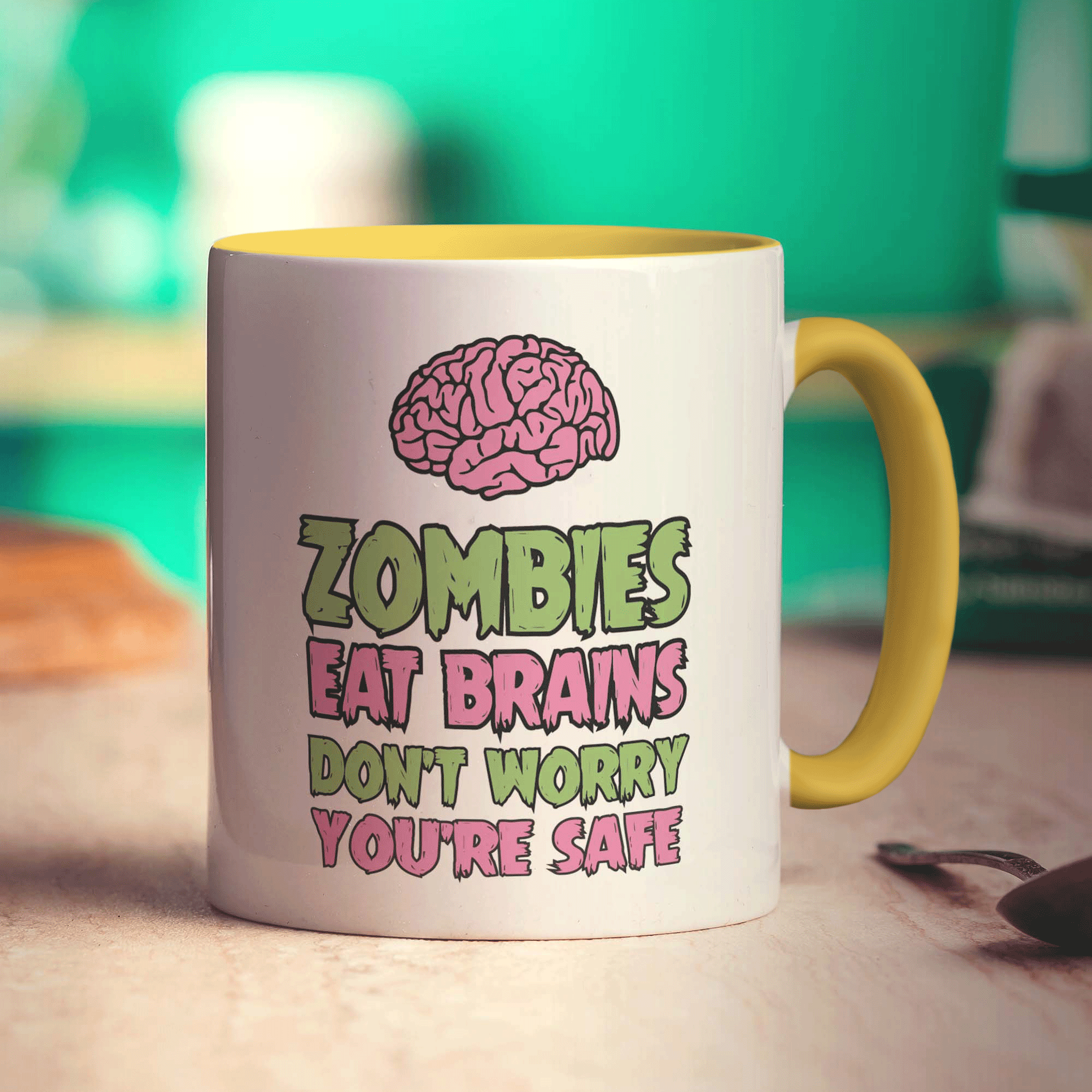Zombies Eat Brains, Don't Worry You're Safe Mug - Standard 330ml (11oz) / Yellow